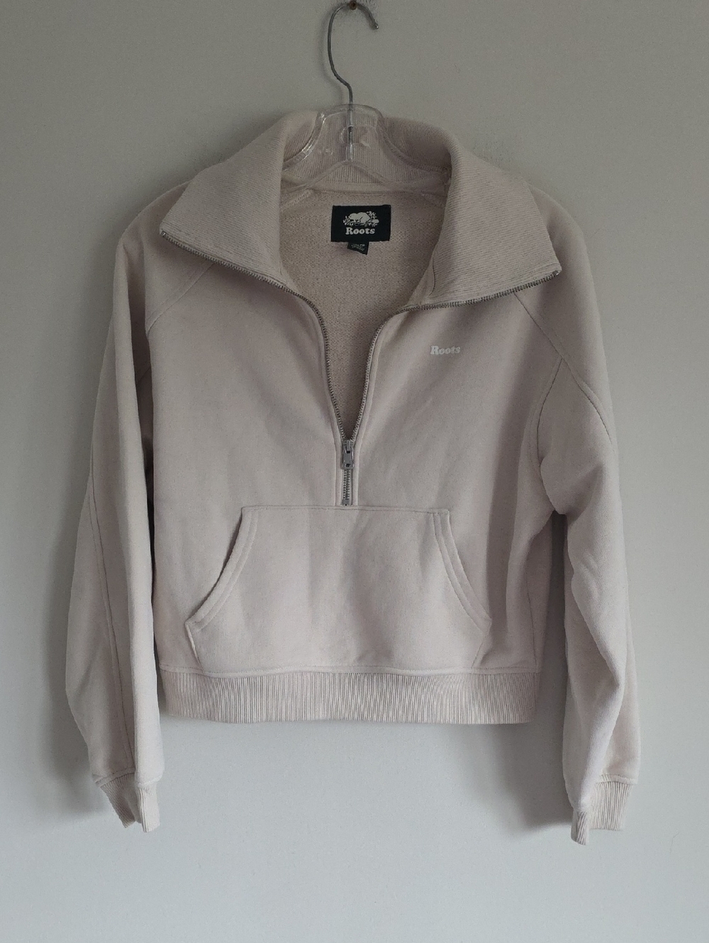ROOTS | Oversized Half Zip Sweatshirt Organic Cotton Cream Sz XS
